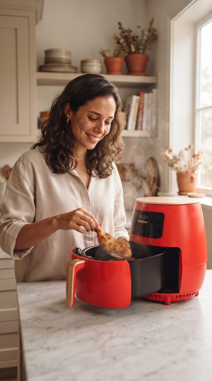 Cliente preparando um prato na Air Fryer Eterny, na cozinha de casa
